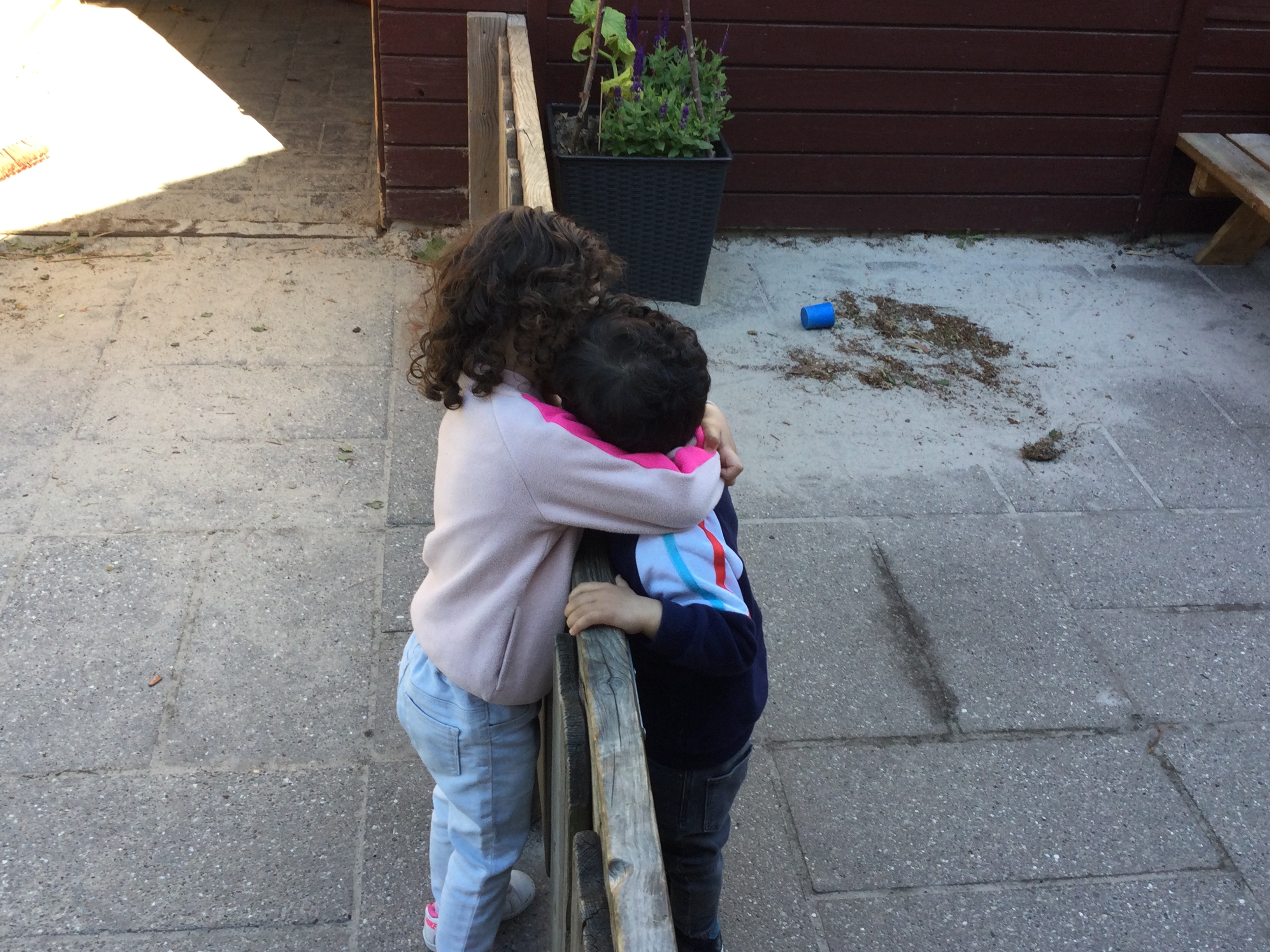 Søster og bror krammer over hegnet.